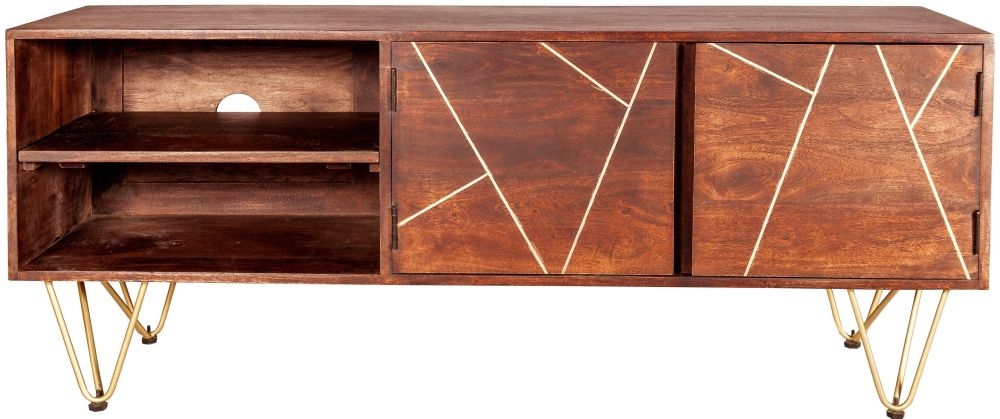 Kaza TV Unit - 140cm - Hairpin Legs - Gold Geometric Inlay - Dark Mango Wood