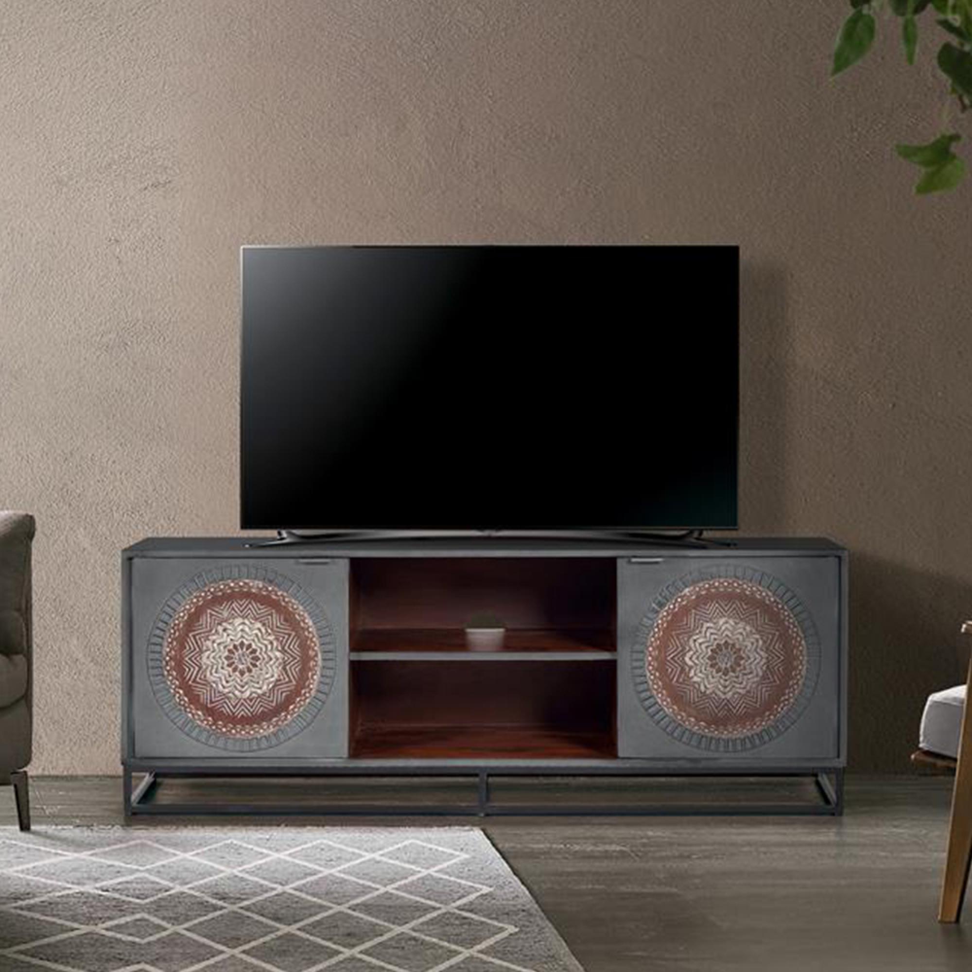 Lytton TV Unit - Grey Carved Mango Wood - 2 Door