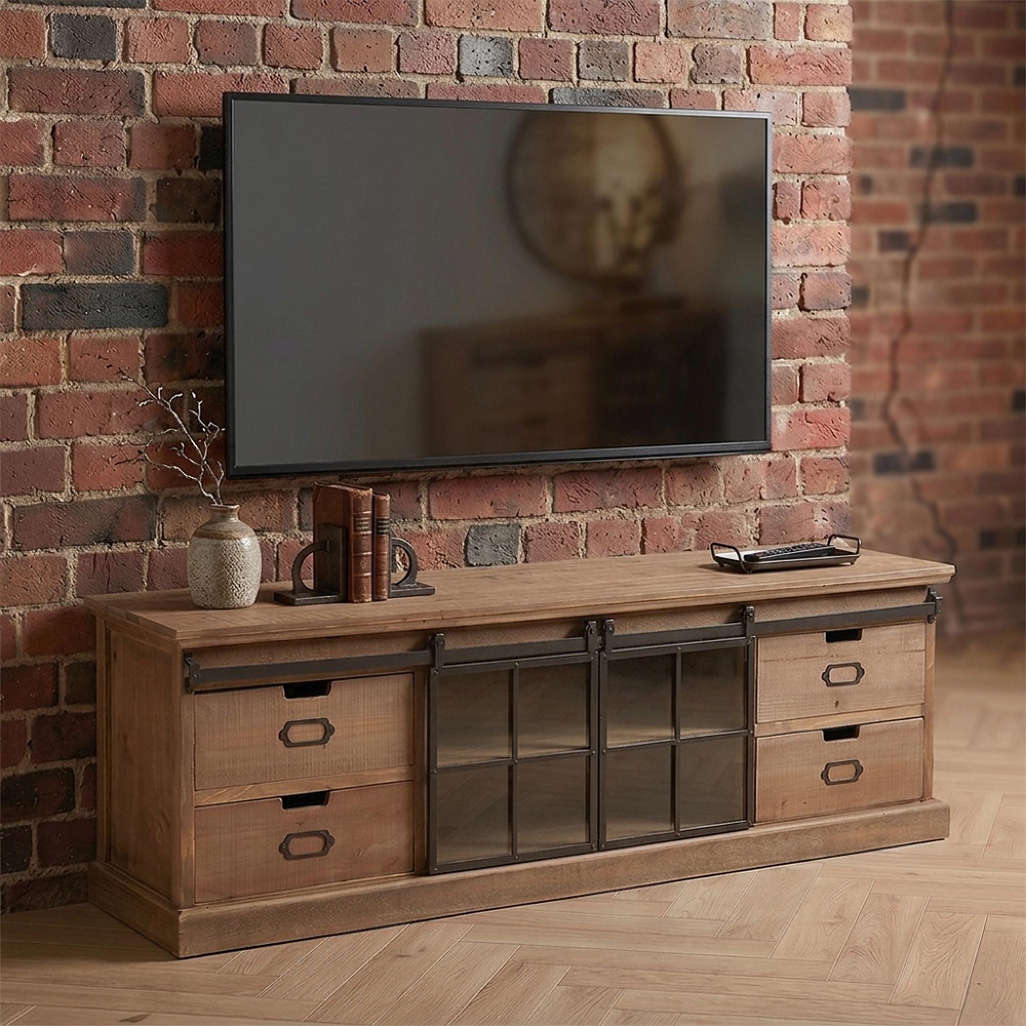 Mia TV Unit - 2 Sliding Door - 4 Drawer - 160cm - Medium - Natural Wood and Glass