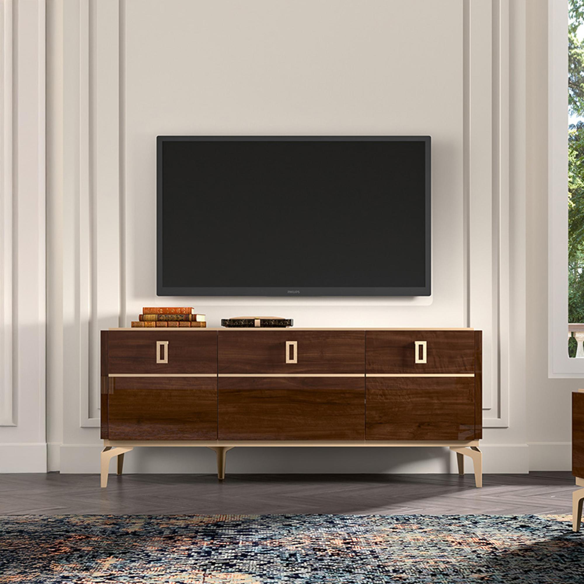 Modern Eva TV Unit - 140cm - Walnut with Gold Trim