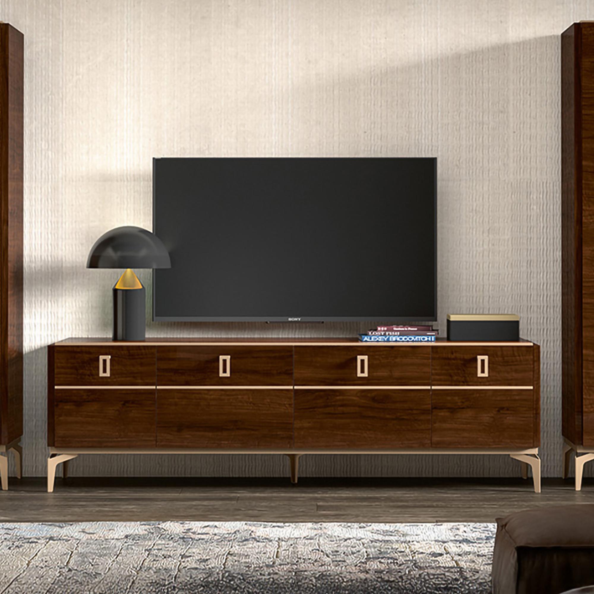 Modern Eva TV Unit - 195cm - Walnut with Gold Trim