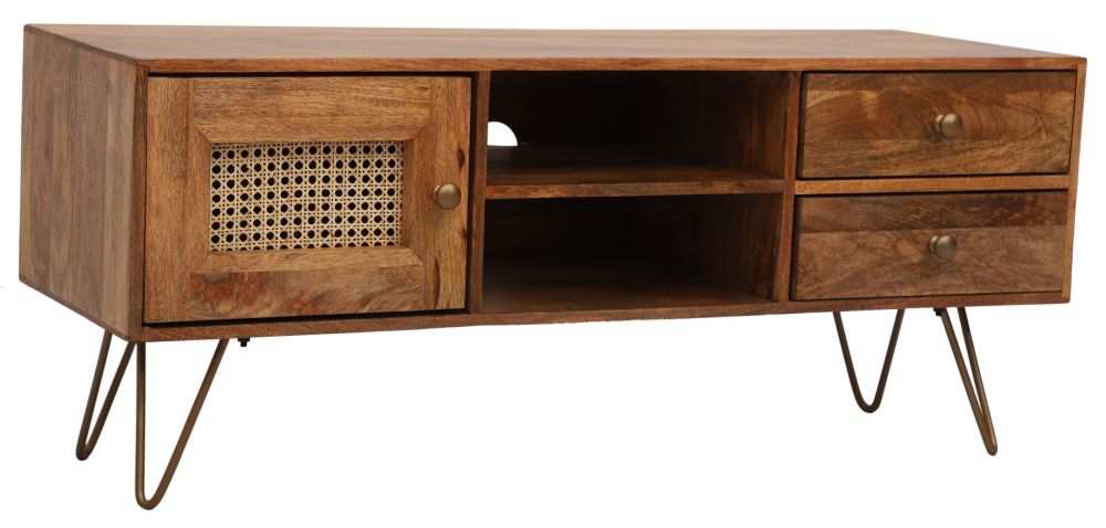 Nyack TV Unit - 120cm - Hairpin Legs - Mango Wood with Rattan