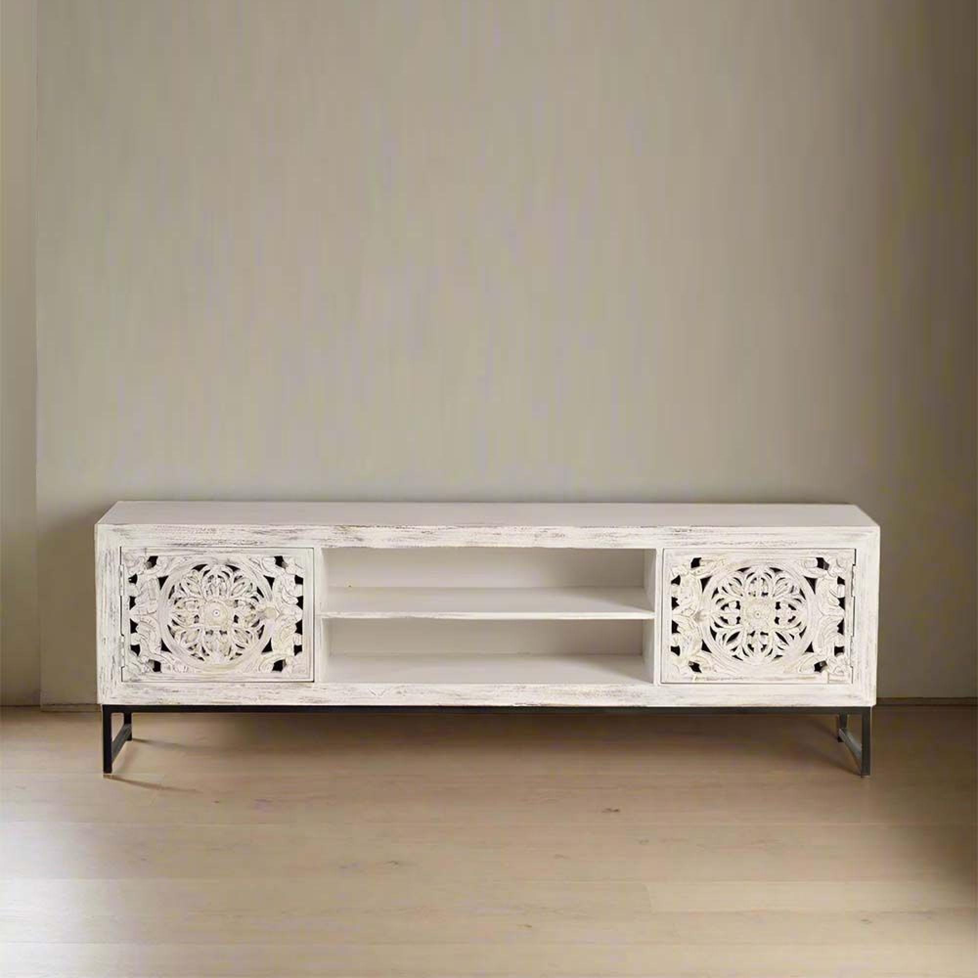 Quintana TV Unit - Washed Carved - Mango Wood - 2 Door - Large