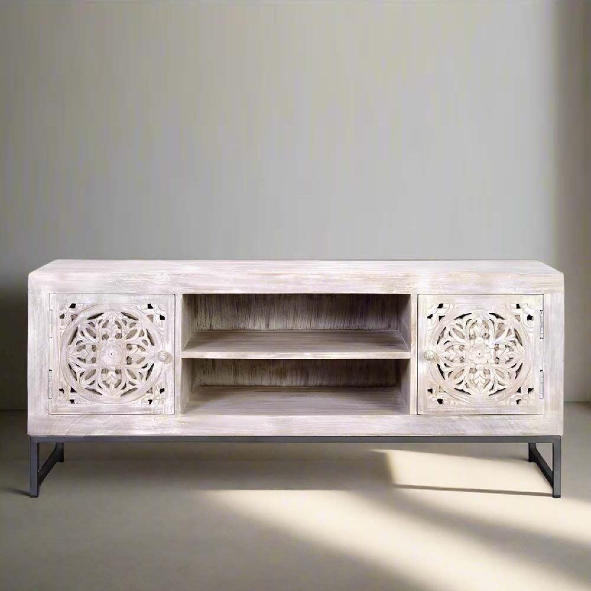 Quintana TV Unit - Washed Carved - Mango Wood - 2 Door