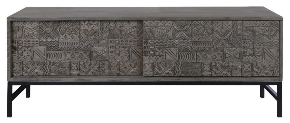 Sahara TV Unit - 2 Sliding Door - 160cm - Black Washed Carved Mango Wood