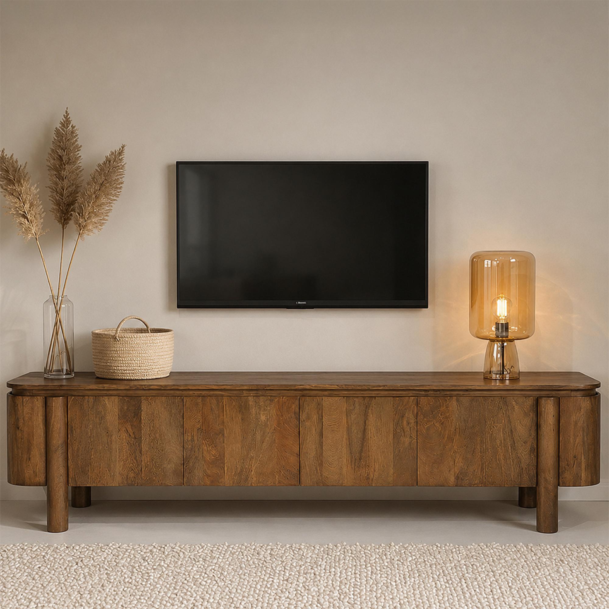 Salano Curved TV Unit - 4 Door - 210cm - Large - Brown - Mango Wood