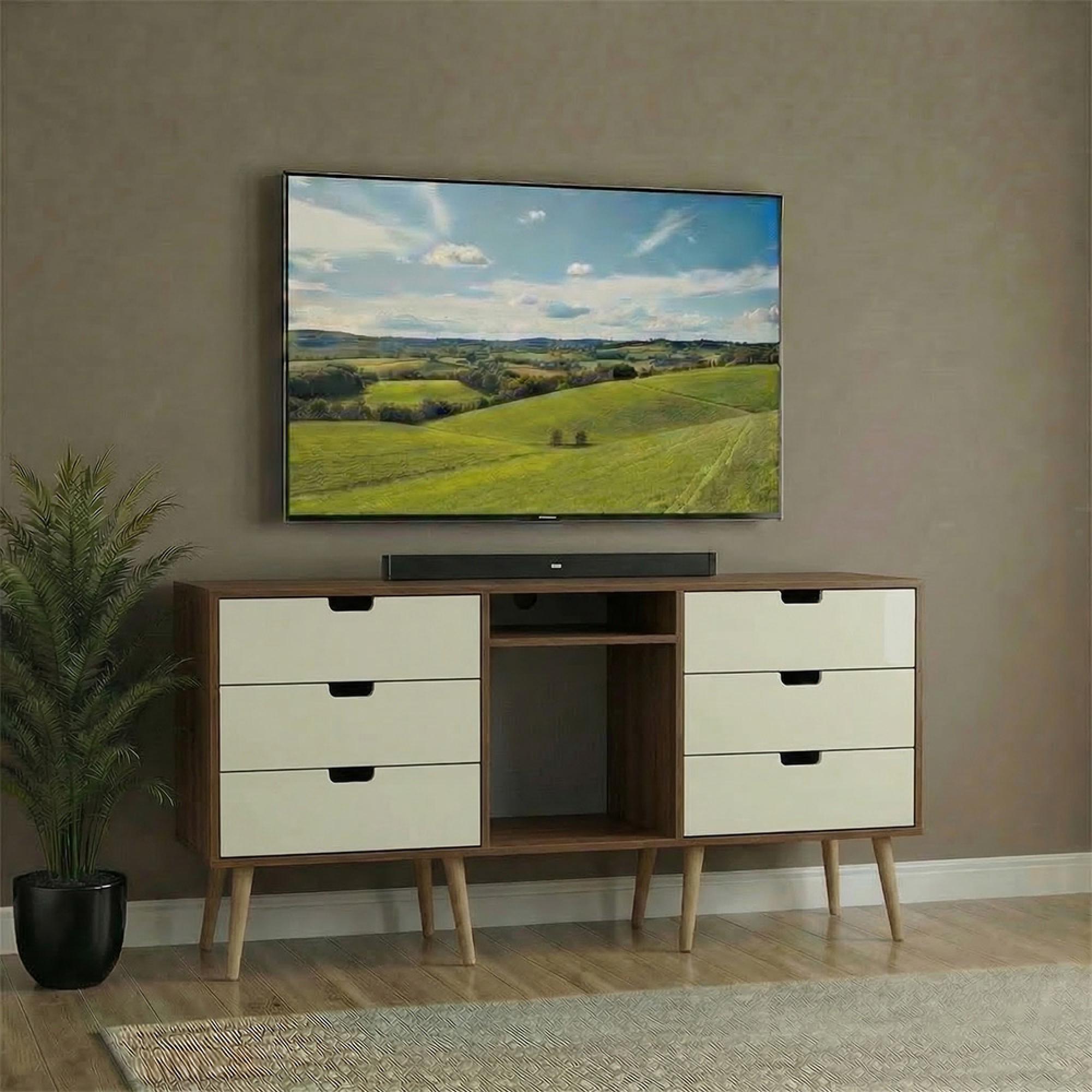Shanghai TV Unit - 152cm - Natural Legs - Cream Gloss and Walnut
