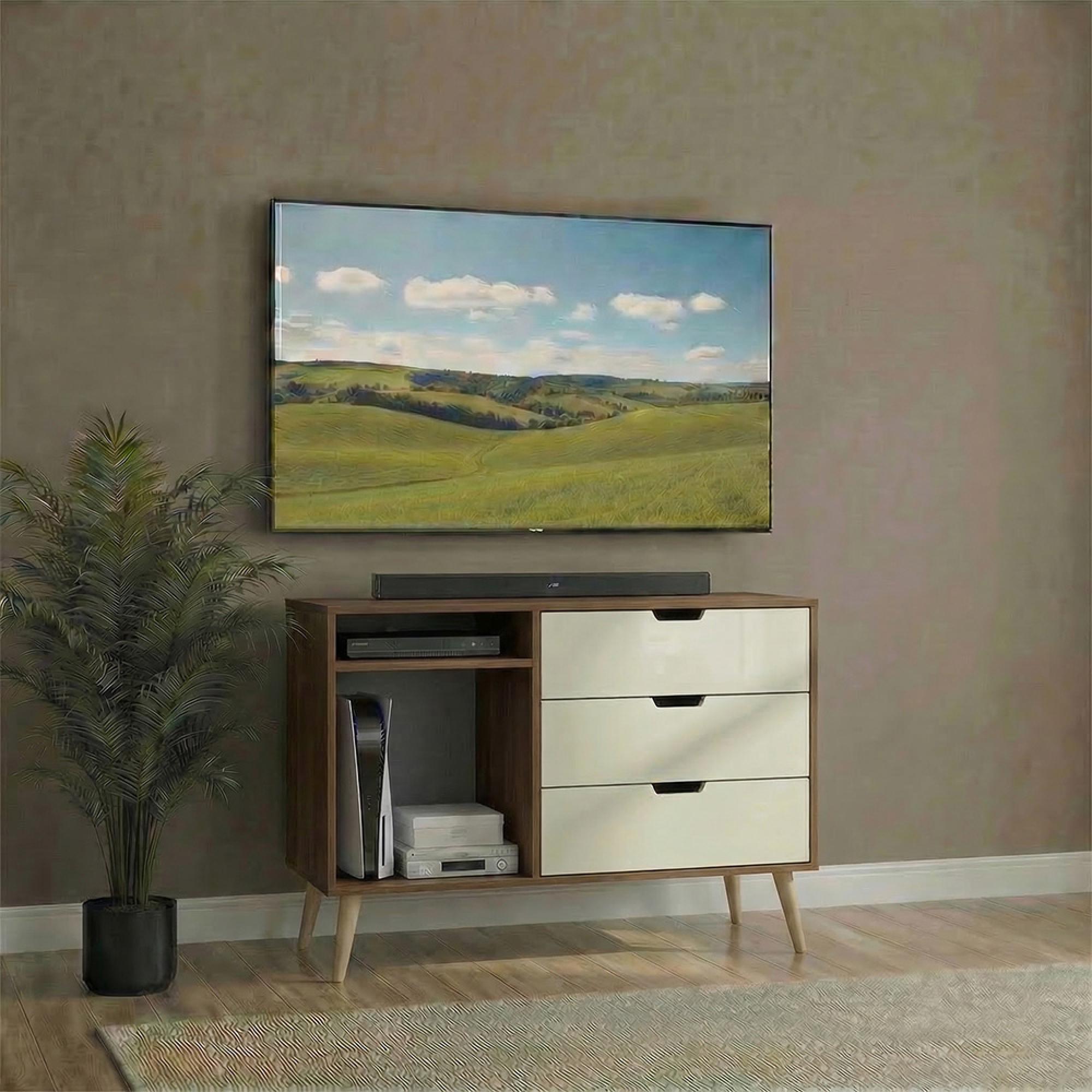 Shanghai TV Unit - 95cm - Natural Legs - Cream Gloss and Walnut