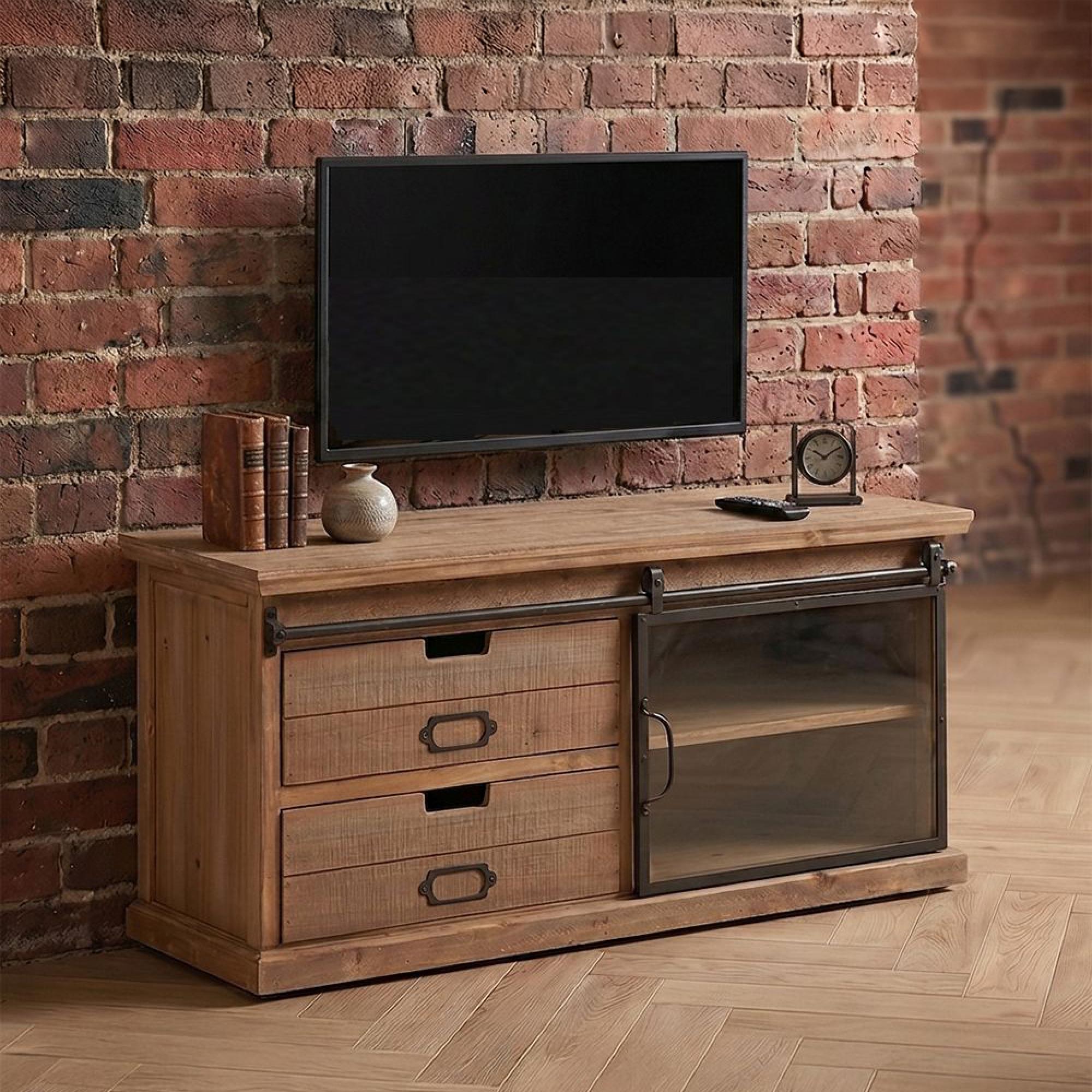 Sia TV Unit - 1 Sliding Door - 2 Drawer - 100cm - Compact - Natural Wood and Glass