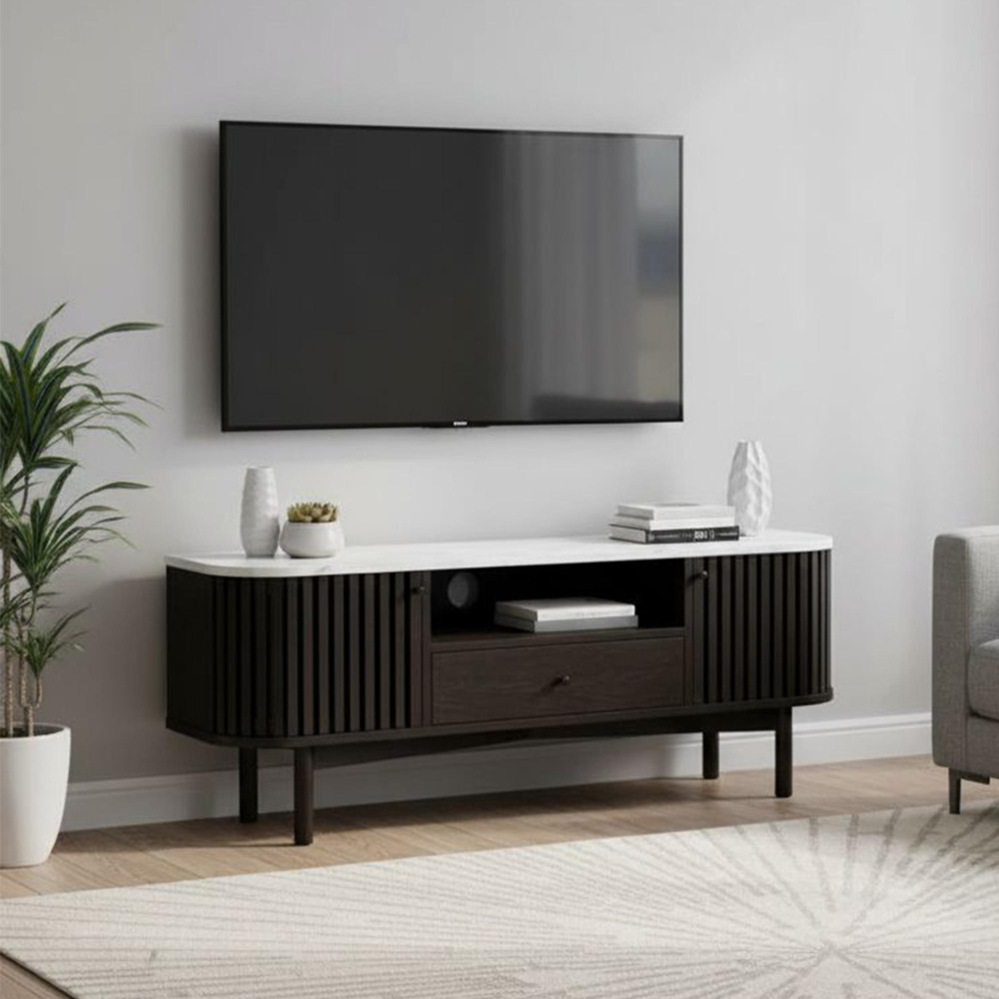 Soho Black TV Unit - 130cm - Slatted Small Storage - White Marble Top