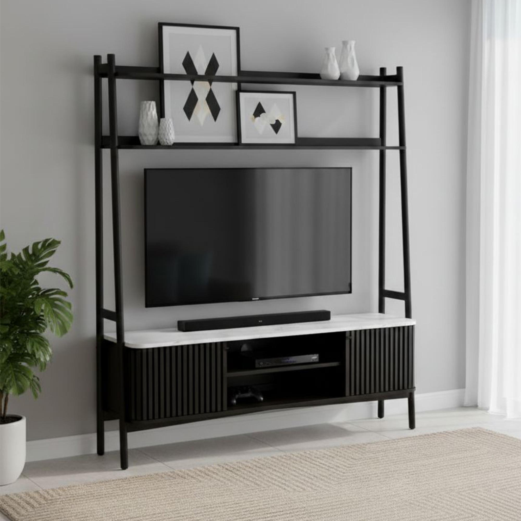 Soho Black TV Unit - 165cm - Slatted Ladder Large Storage - White Marble Top