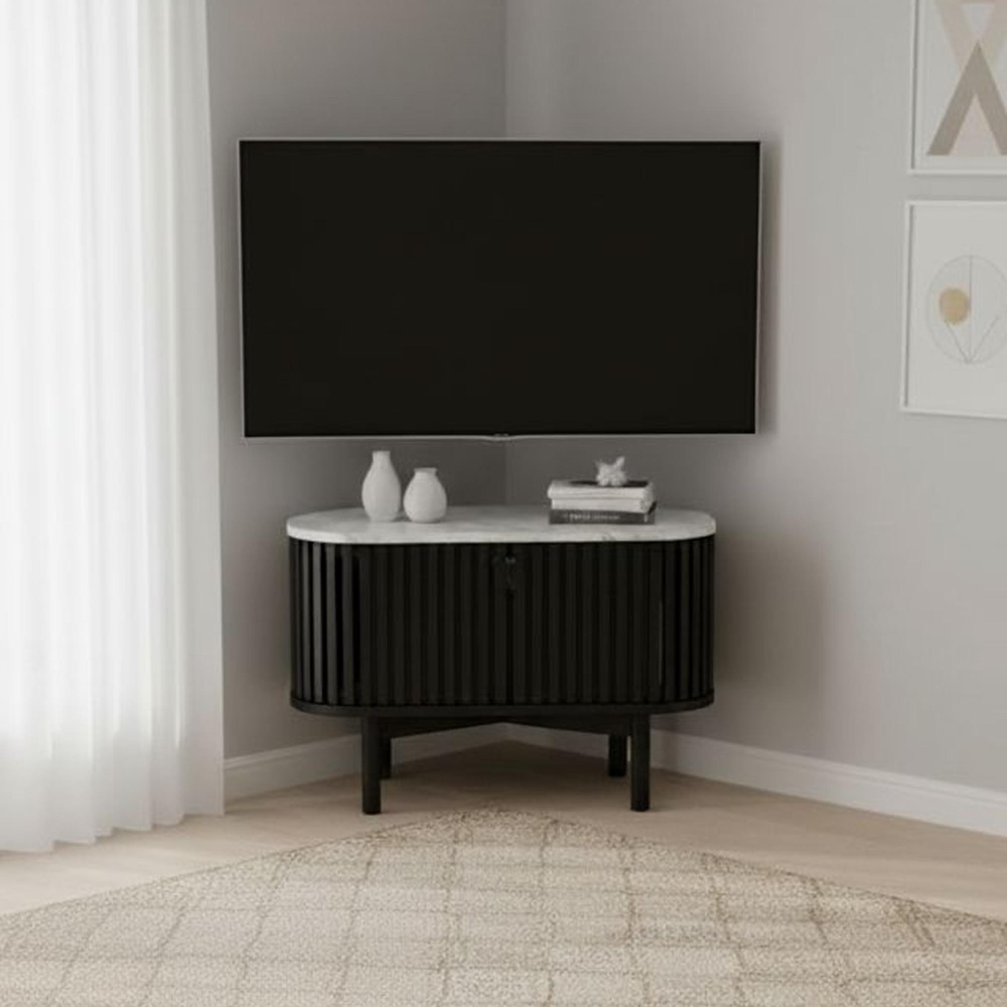 Soho Black TV Unit - Slatted Corner Storage - White Marble Top
