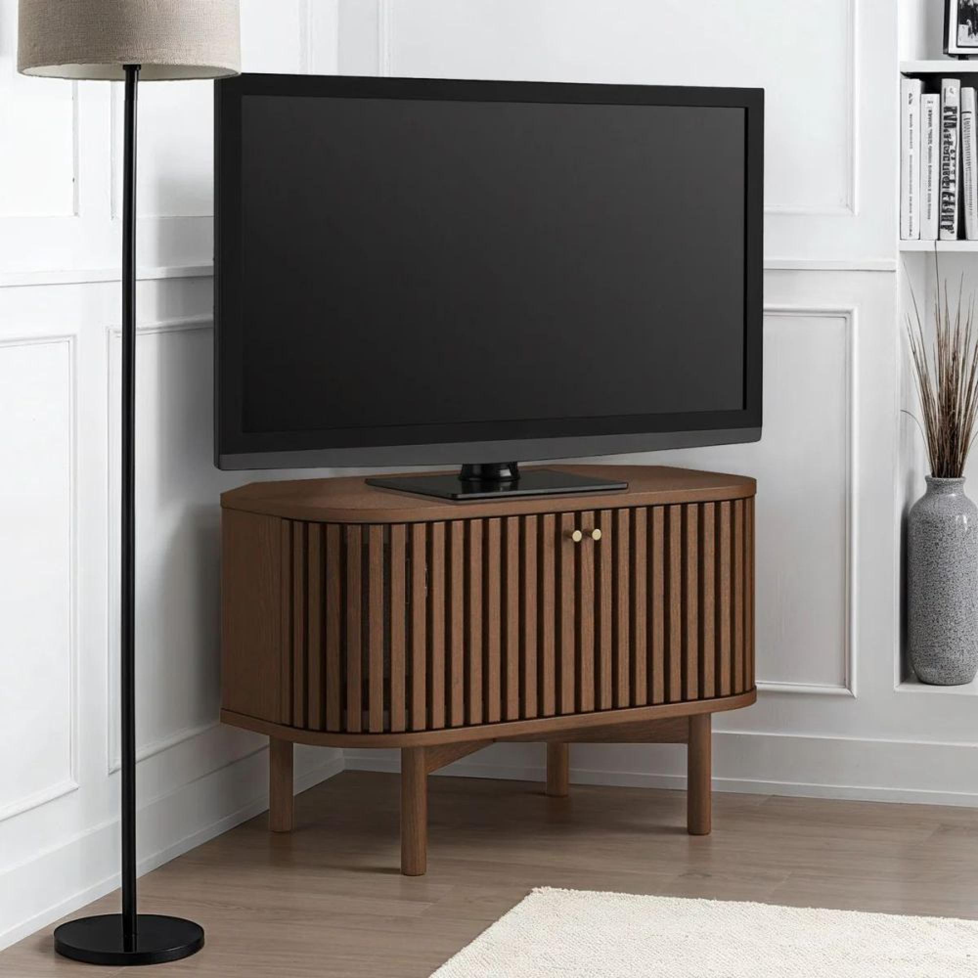 Soho TV Unit - Slatted Corner Storage - Dark Oak
