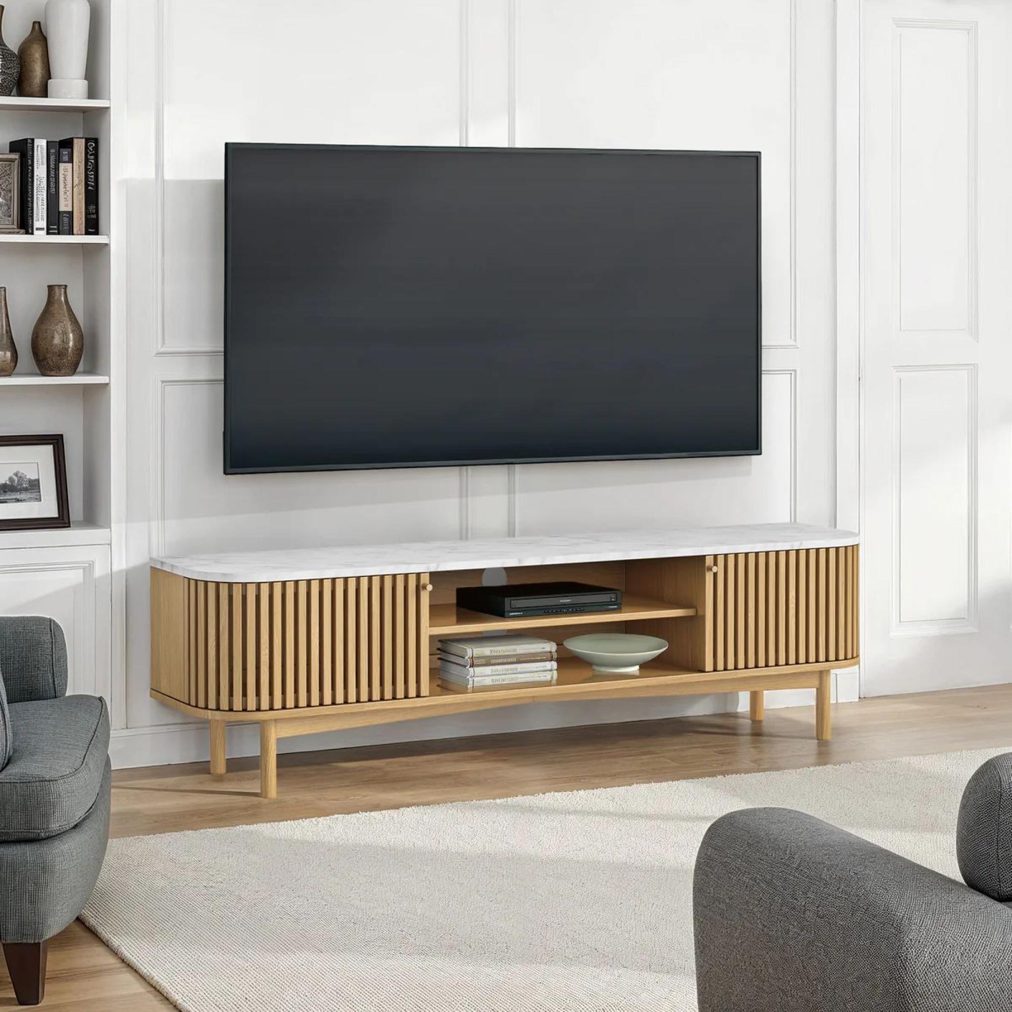Soho Oak TV Unit - 180cm - Slatted Storage - White Marble Top