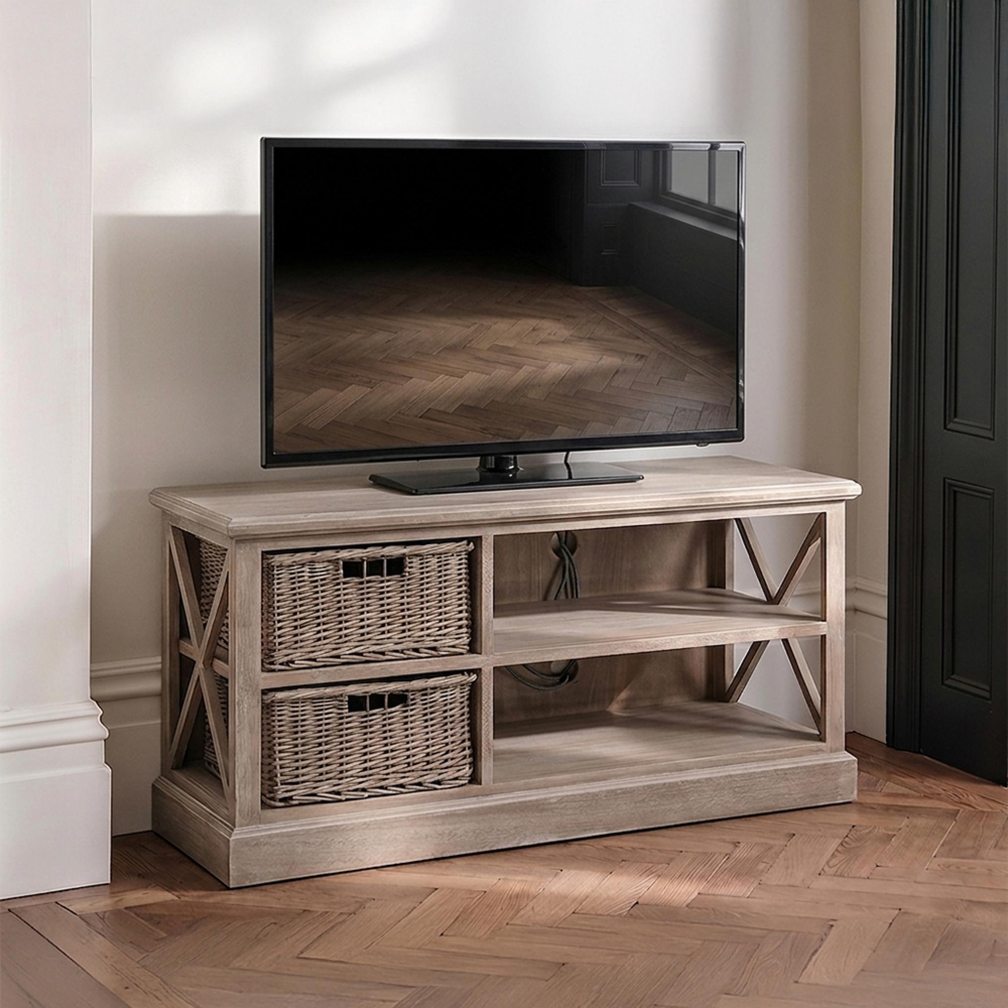 TV Unit - 120cm - Medium - 2 Rattan Basket - Grey Wood