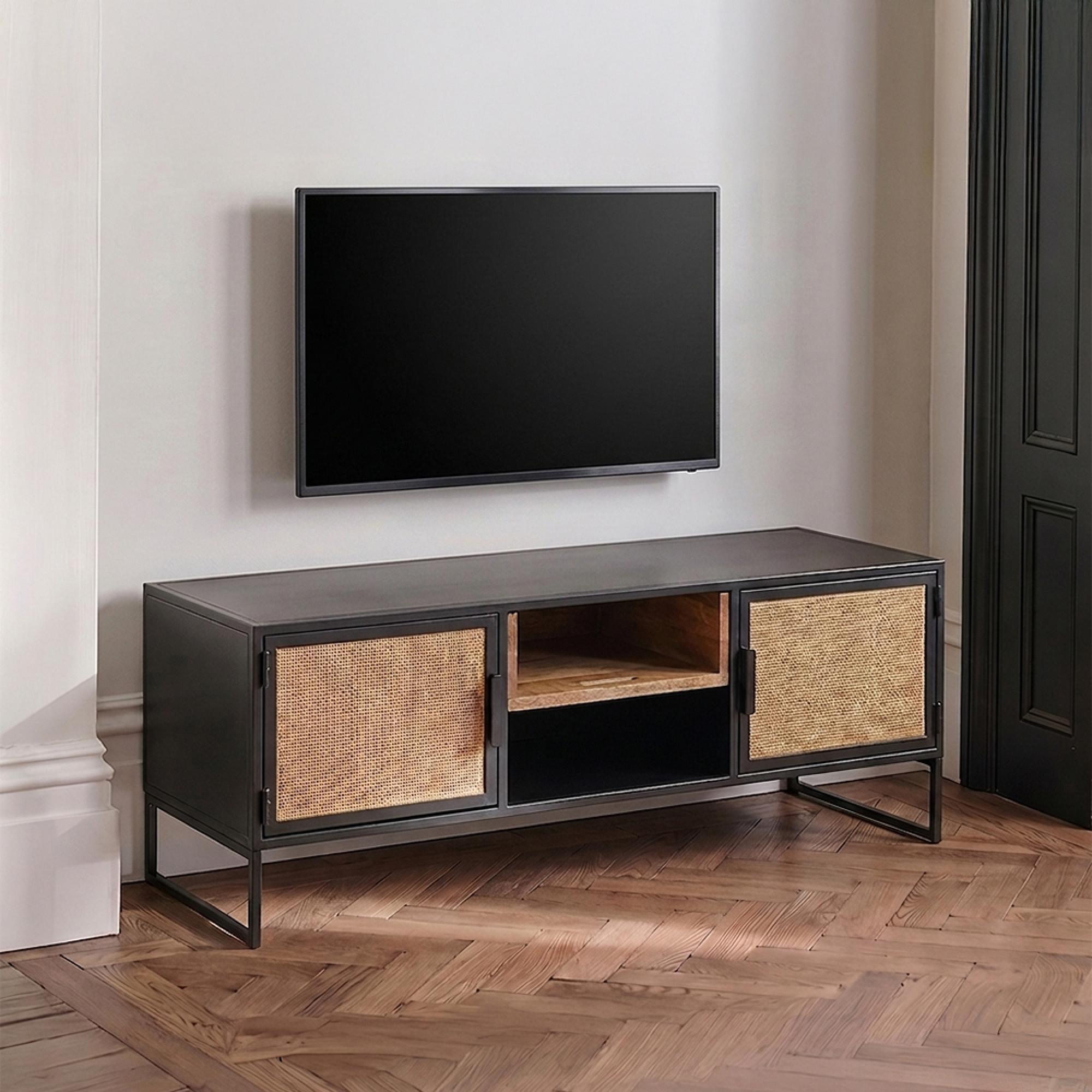 TV Unit - 2 Door - 122cm - Medium - Natural Rattan and Black Metal