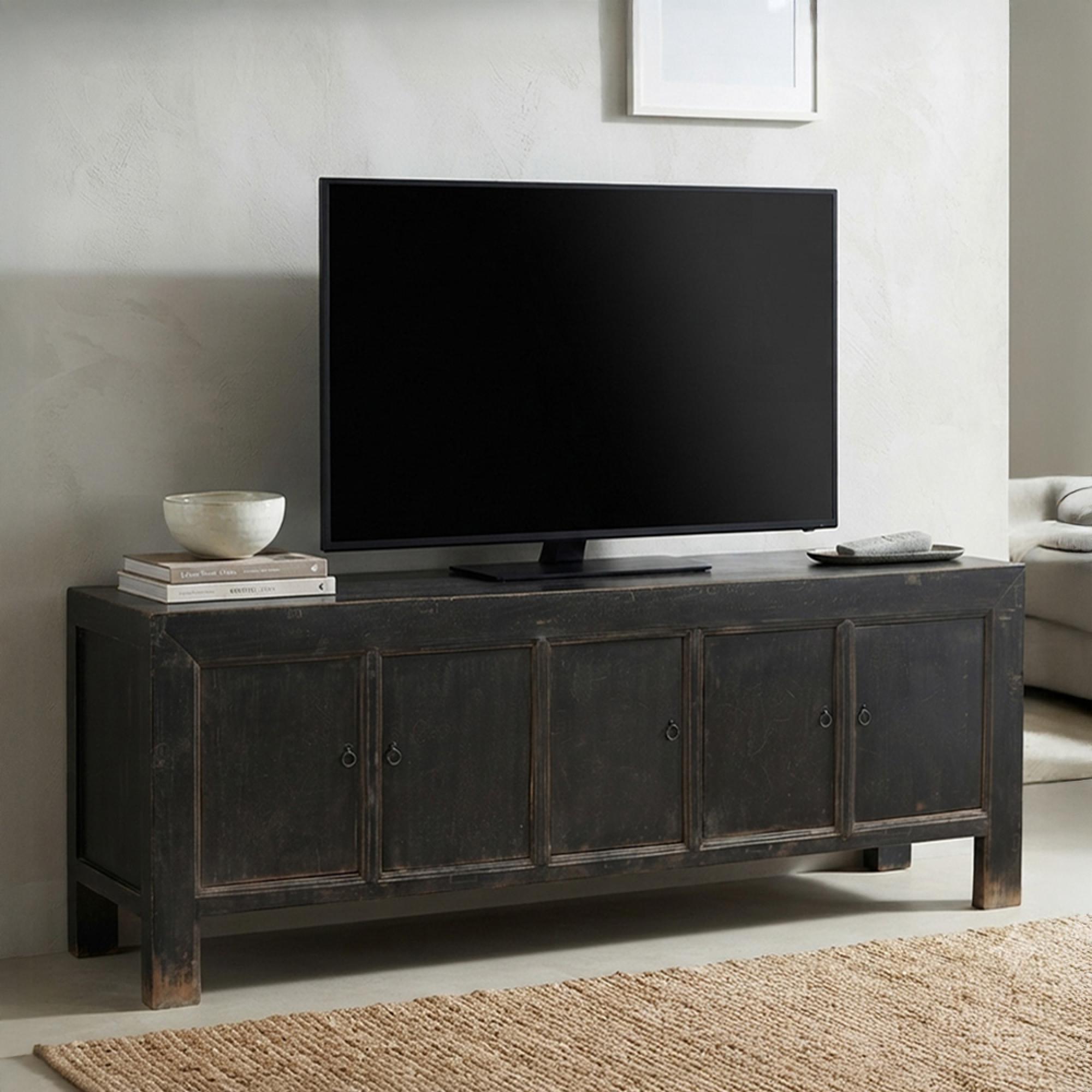 TV Unit - 5 Door - 224cm - Large - Black - Distressed Wood