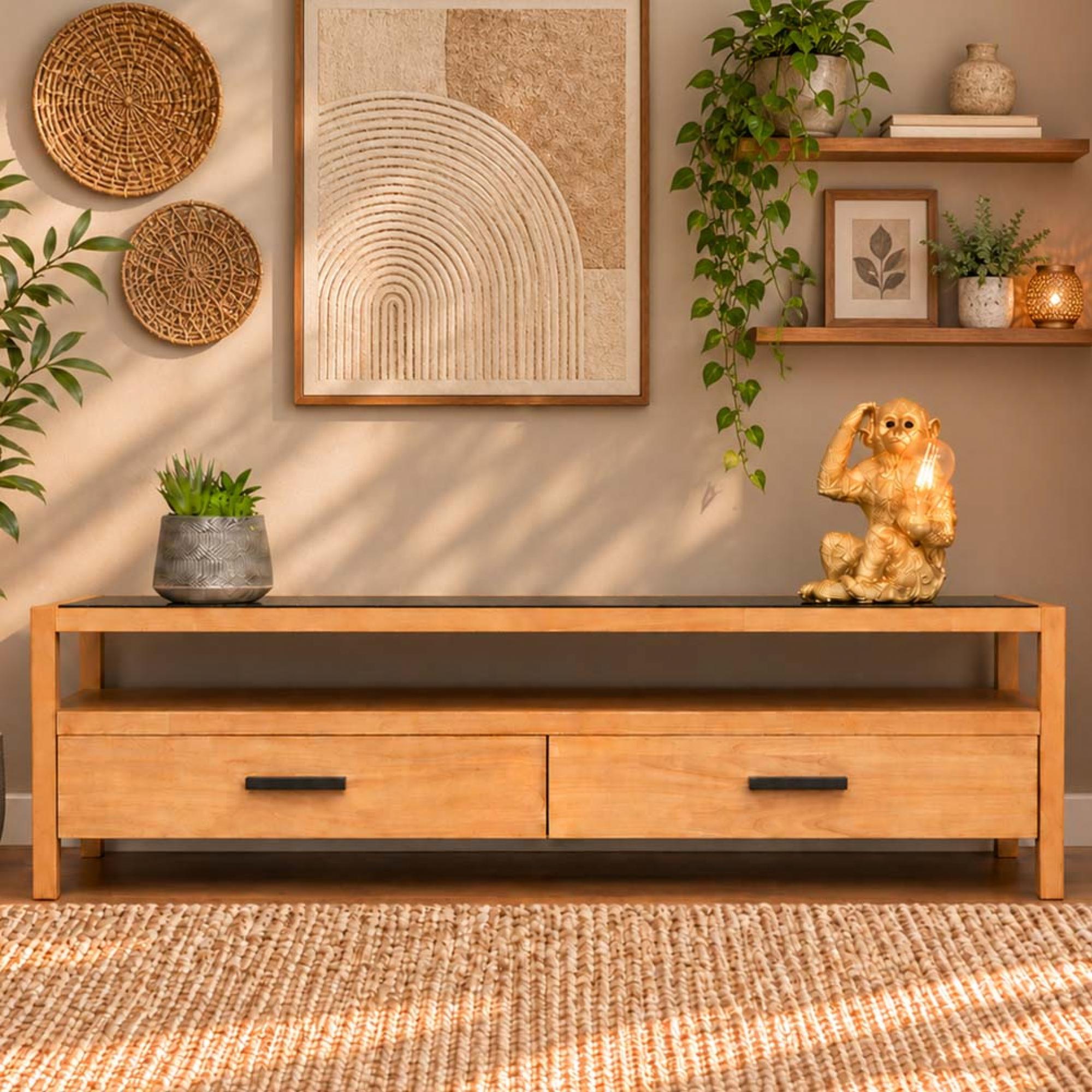TV Unit - Wood and Black Glass - 2 Drawer