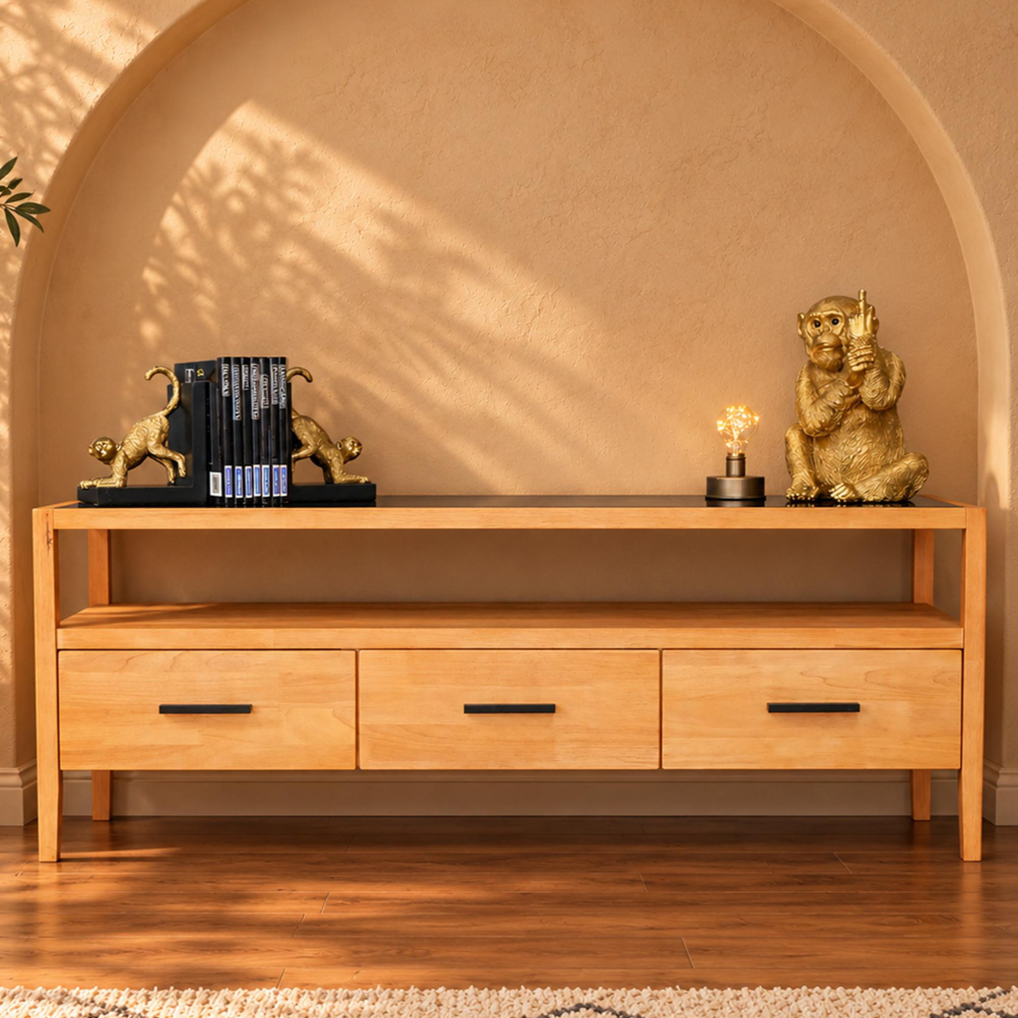 TV Unit - Wood and Black Glass - 3 Drawer