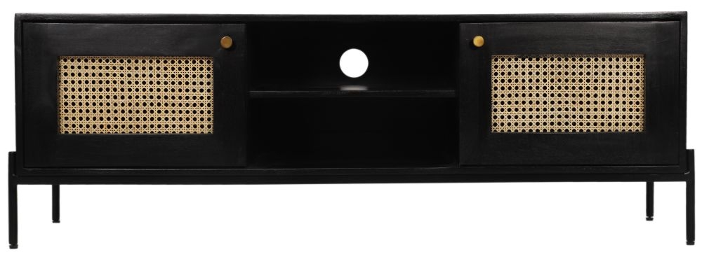 Tapola TV Unit - 145cm - Black Wood and Rattan