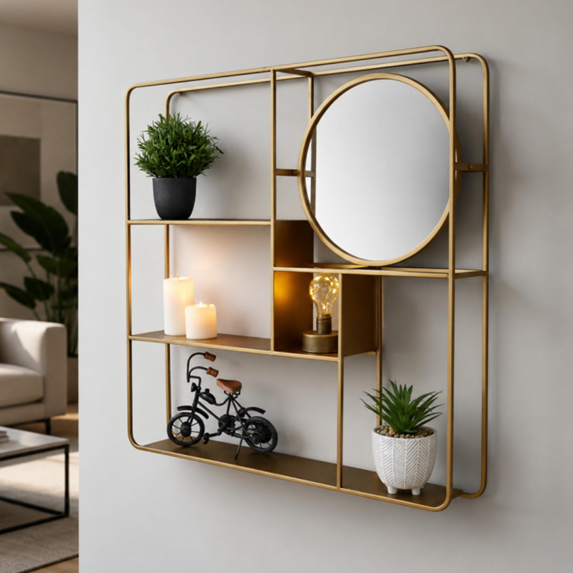 Wall Shelf - Gold Metal - with Round Mirror