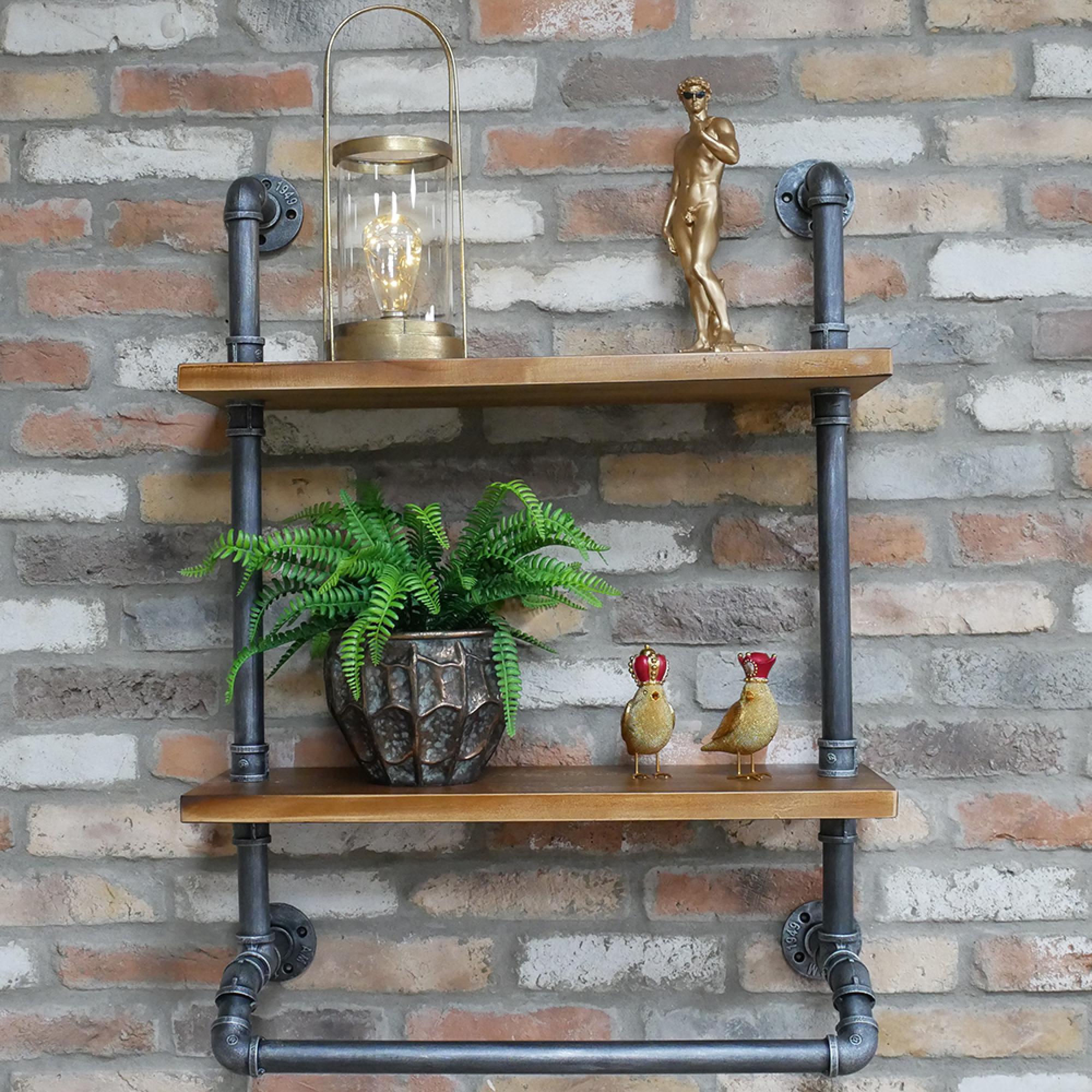 Shelves - Black Metal Pipe - 2 Wooden Wall Shelves