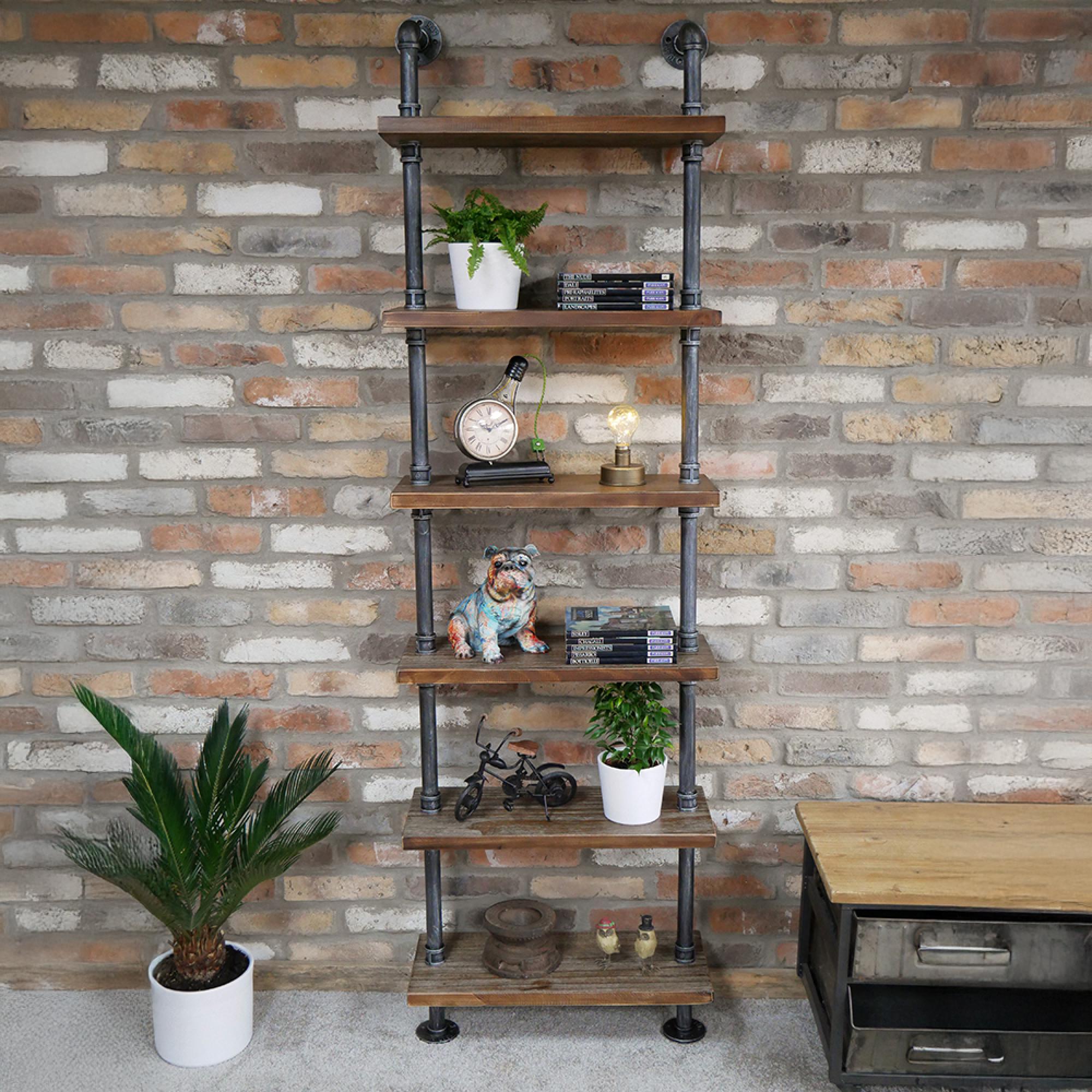 Shelves - Black Metal Pipe - 6 Wooden Wall Shelves
