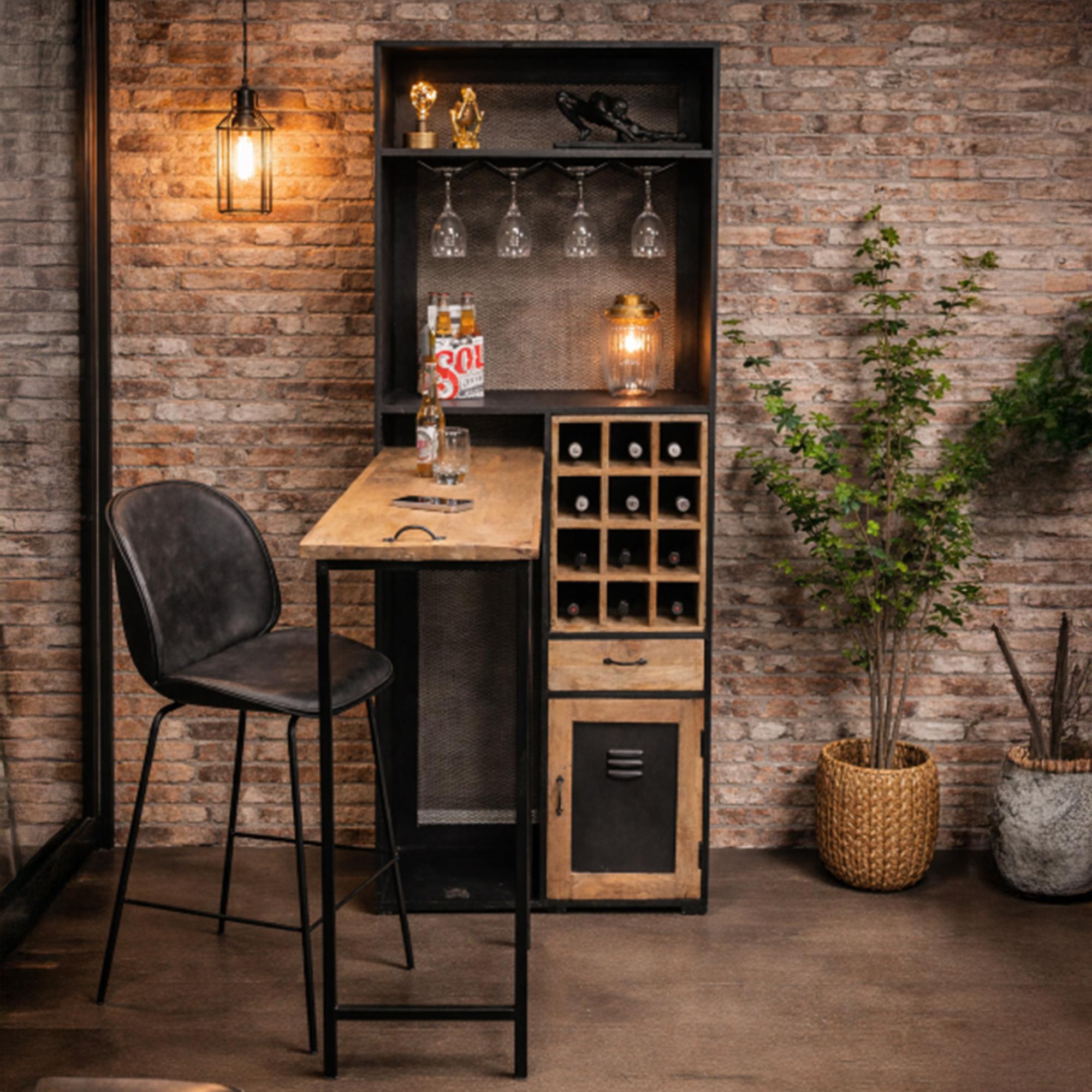 Bar Cabinet - Mango Wood and Black Metal - Large
