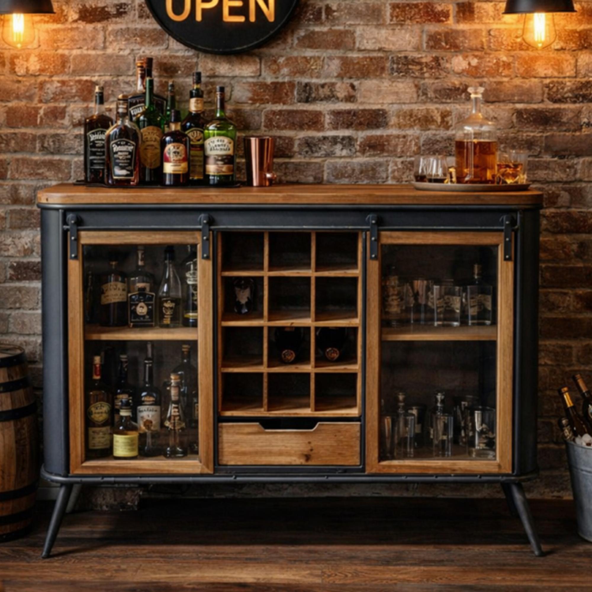 Wine Cabinet - Fir Wood and Metal - 2 Door