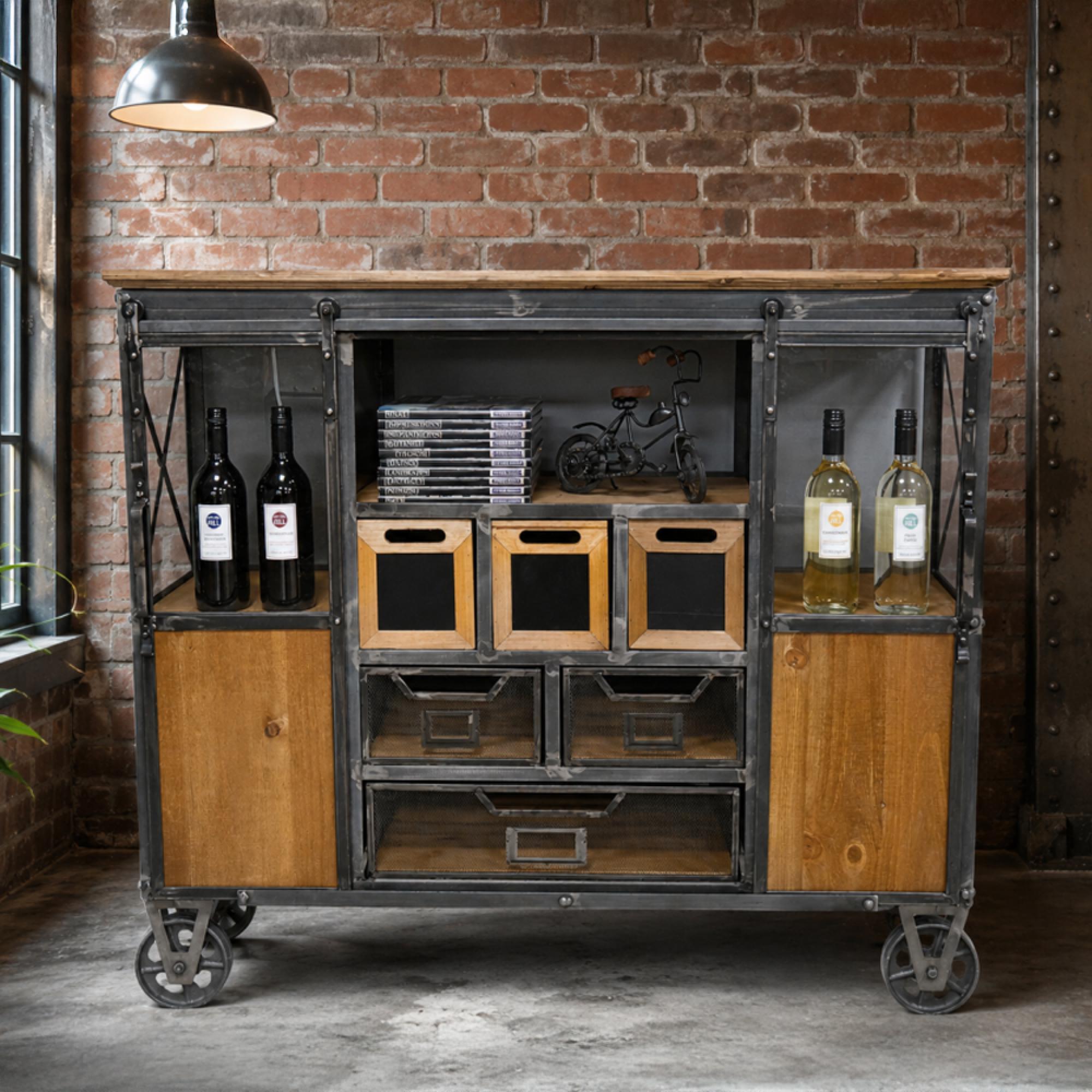 Cabinet - Fir Wood and Metal - Wide - on Wheels