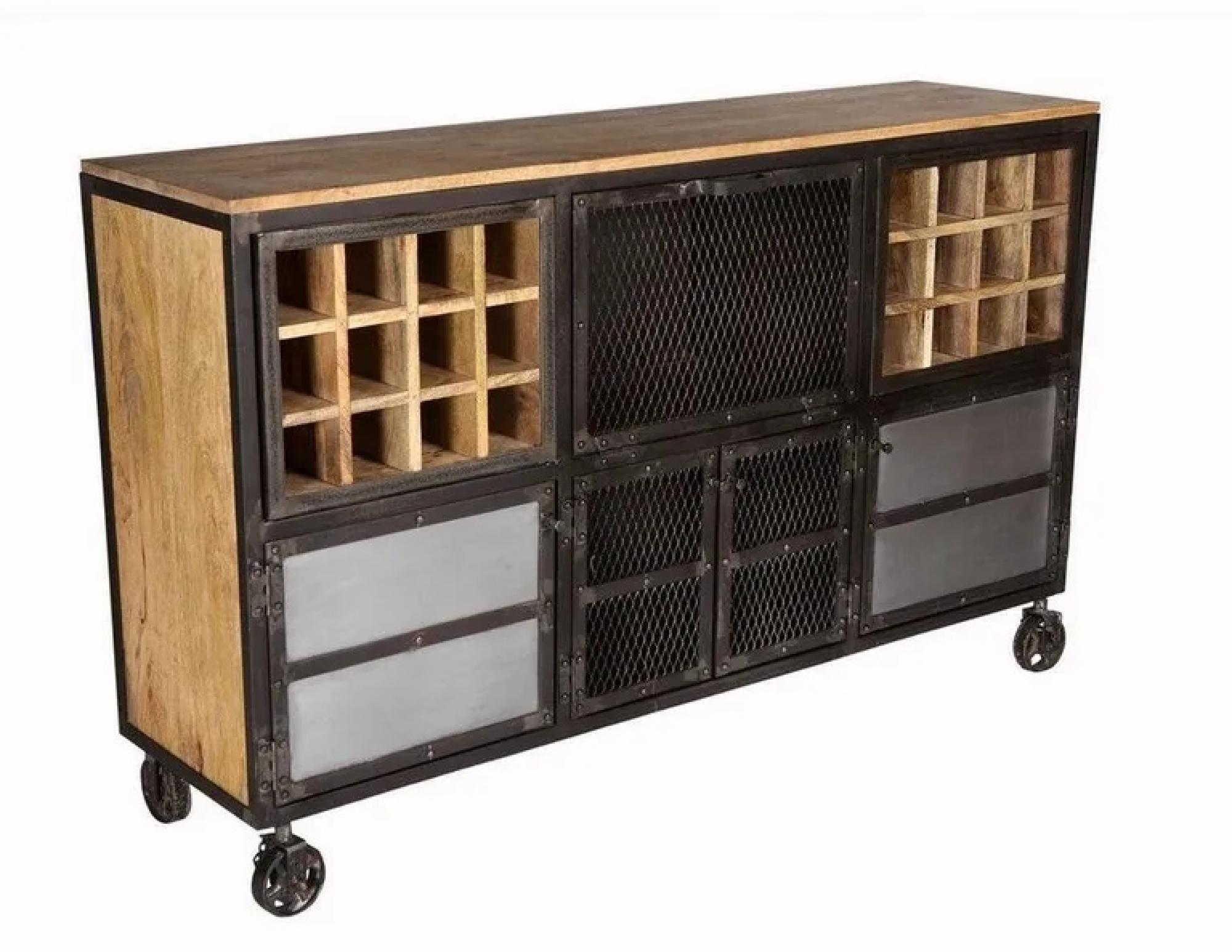Coorg Sideboard - Wine Rack - On Wheels - Industrial Style