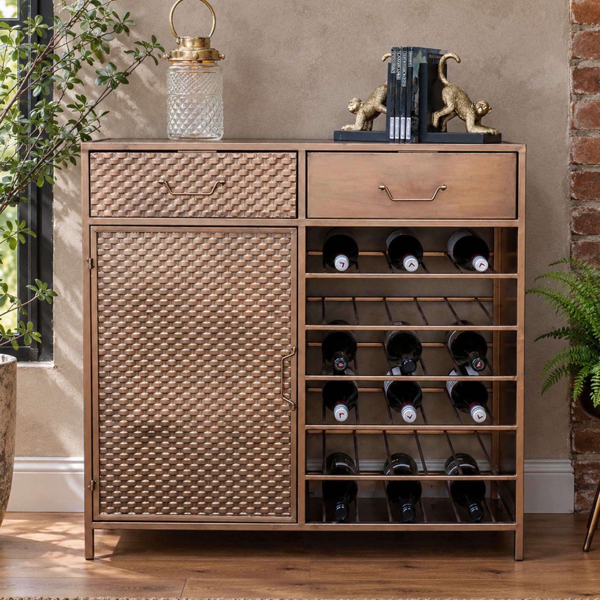 Copper Metal 1 Door 2 Drawer Bar Cabinet