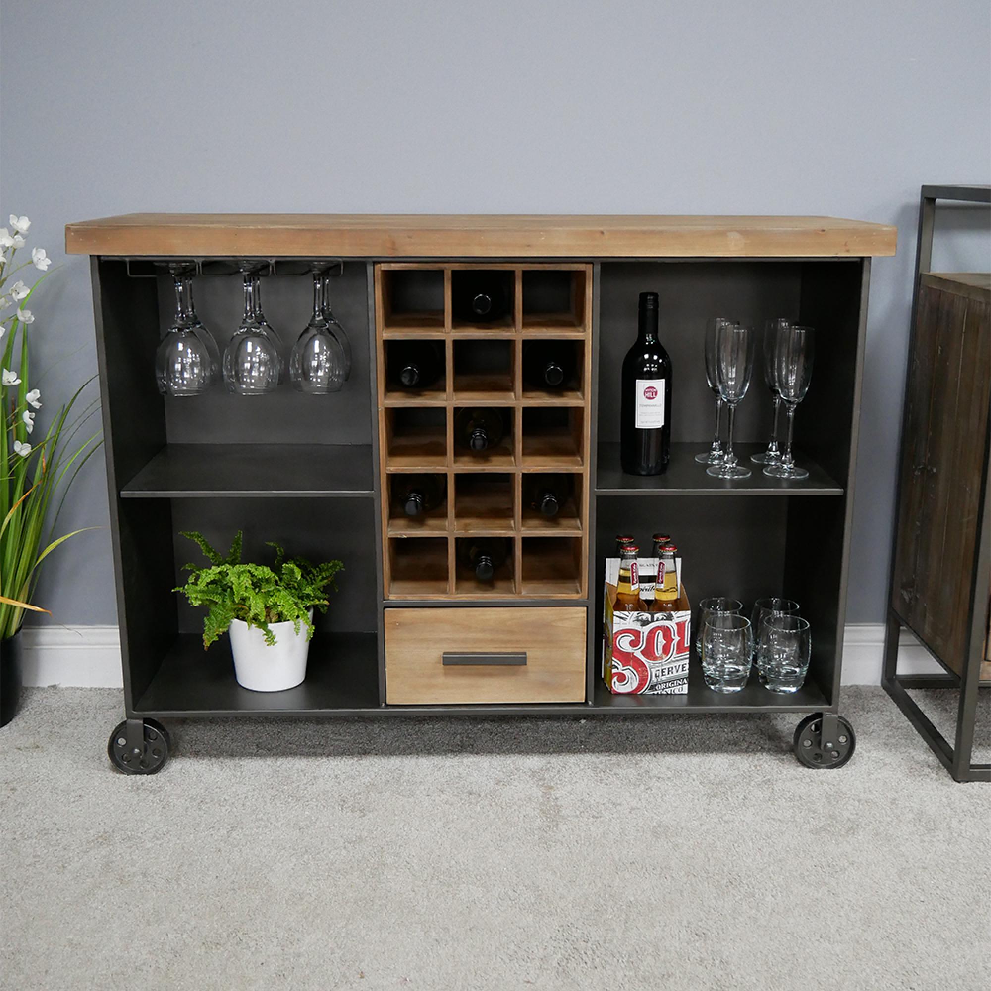 Wine Cabinet - Fir Wood and Metal - 1 Drawer