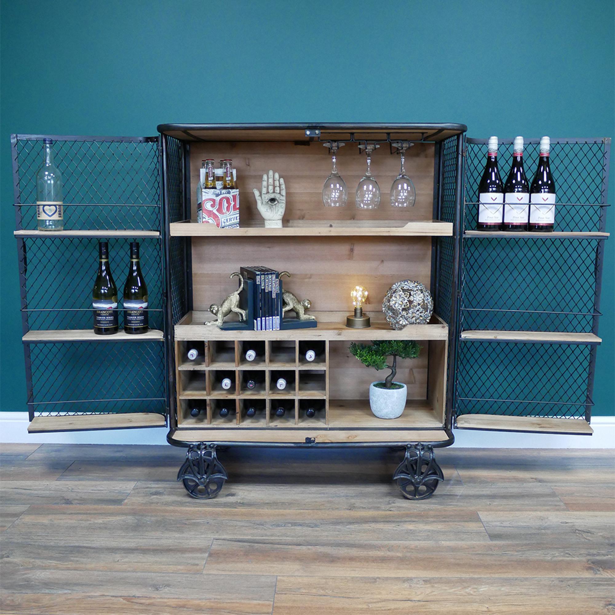 Bar Cabinet - Fir Wood - Black and Metal - on Wheels