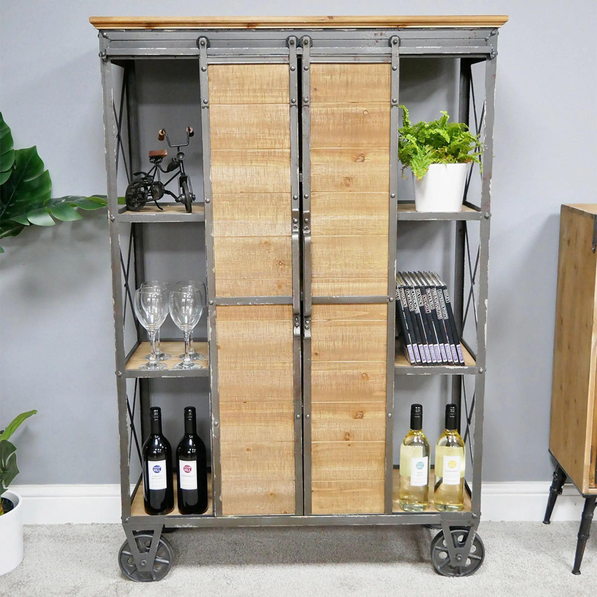 Tall Cabinet - Fir Wood and Metal - Industrial - on Wheels