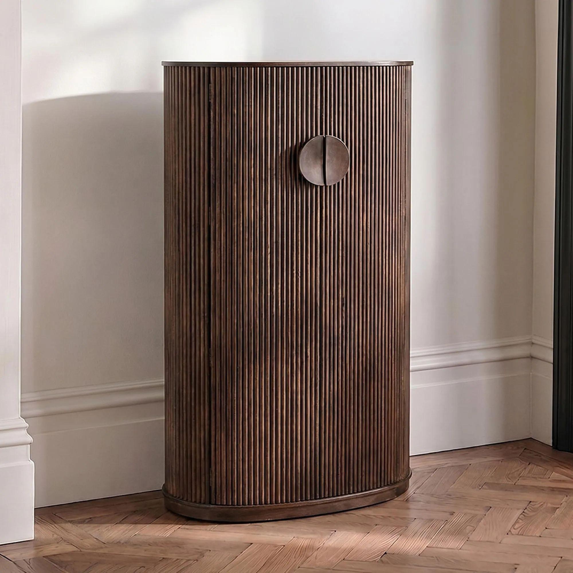 Reyi Curved Fluted Bar Cabinet - 2 Door 1 Drawer - Dark Brown - Mango Wood