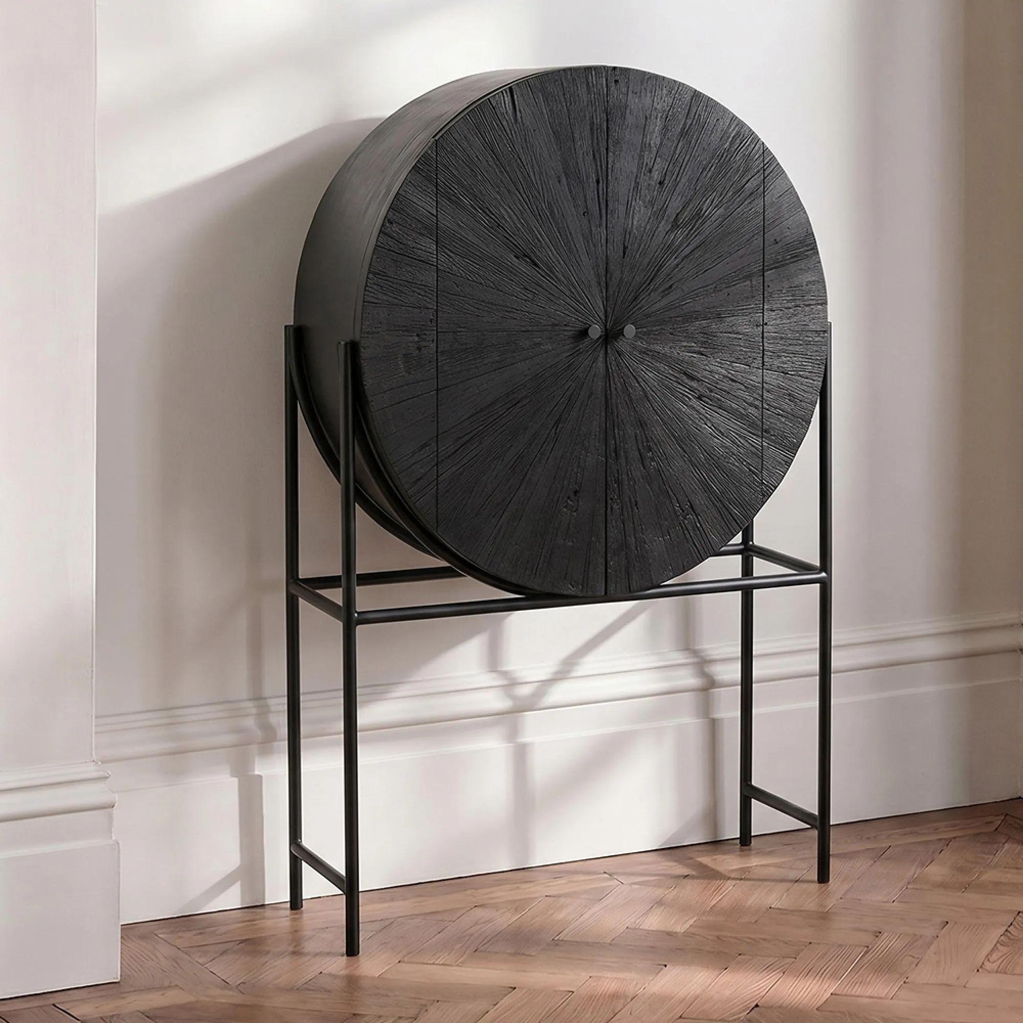 Shanil Bar Cabinet - 2 Door - Sunburst Desgin - Black - Recycled Sleeper Wood and Metal